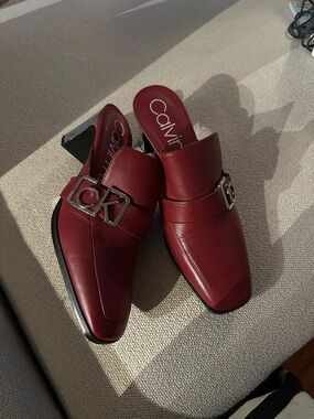 Calvin Klein Wine Red Leather Mule Loafers with CK Buckle